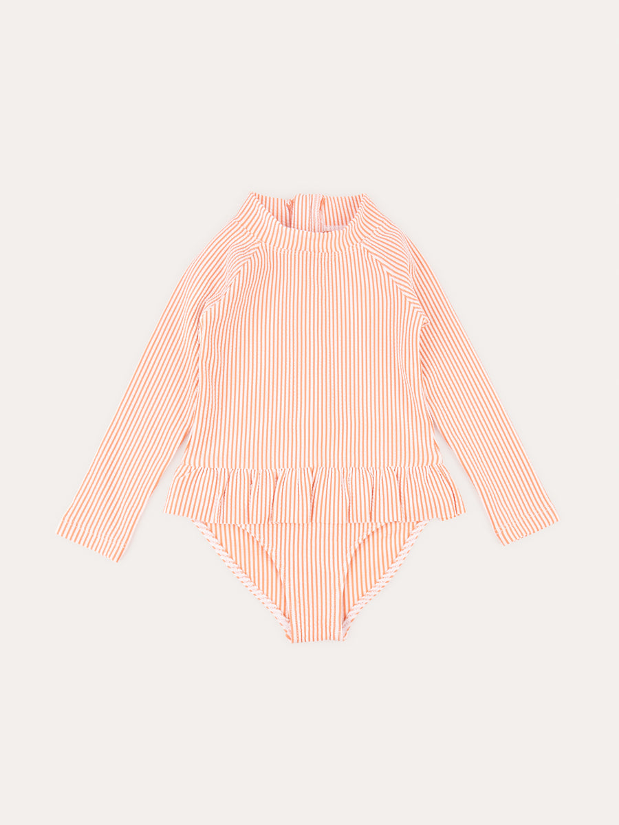 Seersucker Long Sleeve Swimsuit -  Coral Seersucker